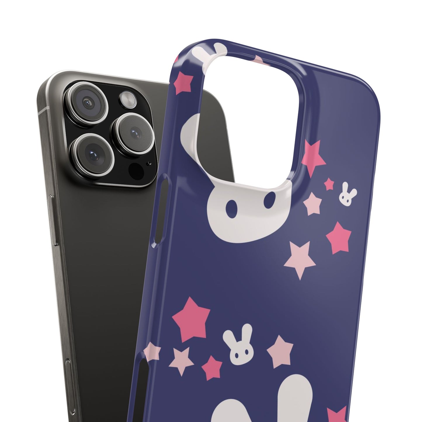 Blue iPhone case w. adorable bunnies with stars background : Ideal for Kids and Rabbit Lovers. Iphone 15, iphone 14 and iphone 13 pro max