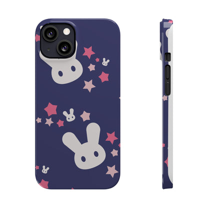 Blue iPhone case w. adorable bunnies with stars background : Ideal for Kids and Rabbit Lovers. Iphone 15, iphone 14 and iphone 13 pro max