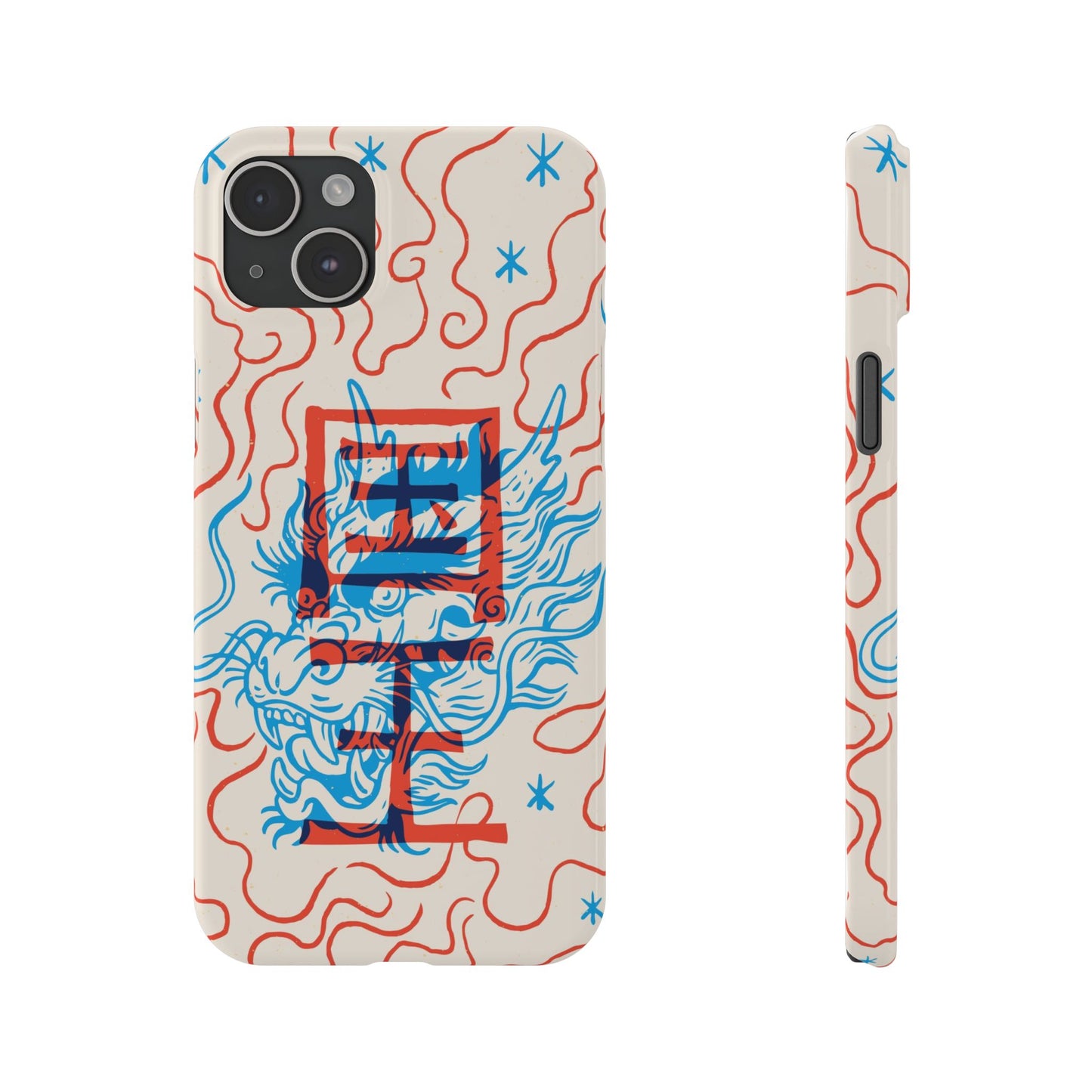 Geek case with dragon design and Asian art duotone style