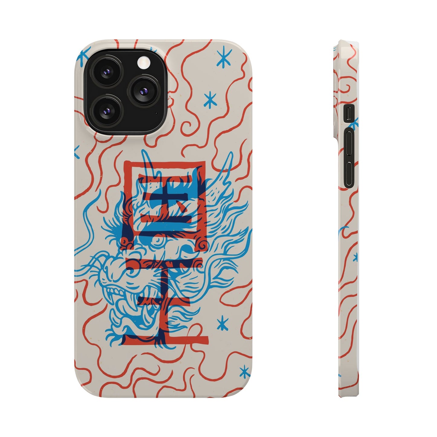 Geek iPhone case with dragon design and Asian art duotone style. Iphone 15 case, iphone 14 and iphone 13 pro and max