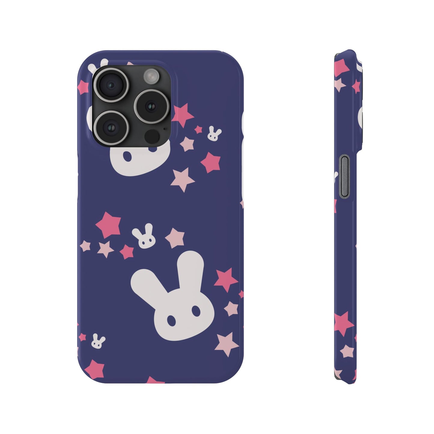Blue iPhone case w. adorable bunnies with stars background