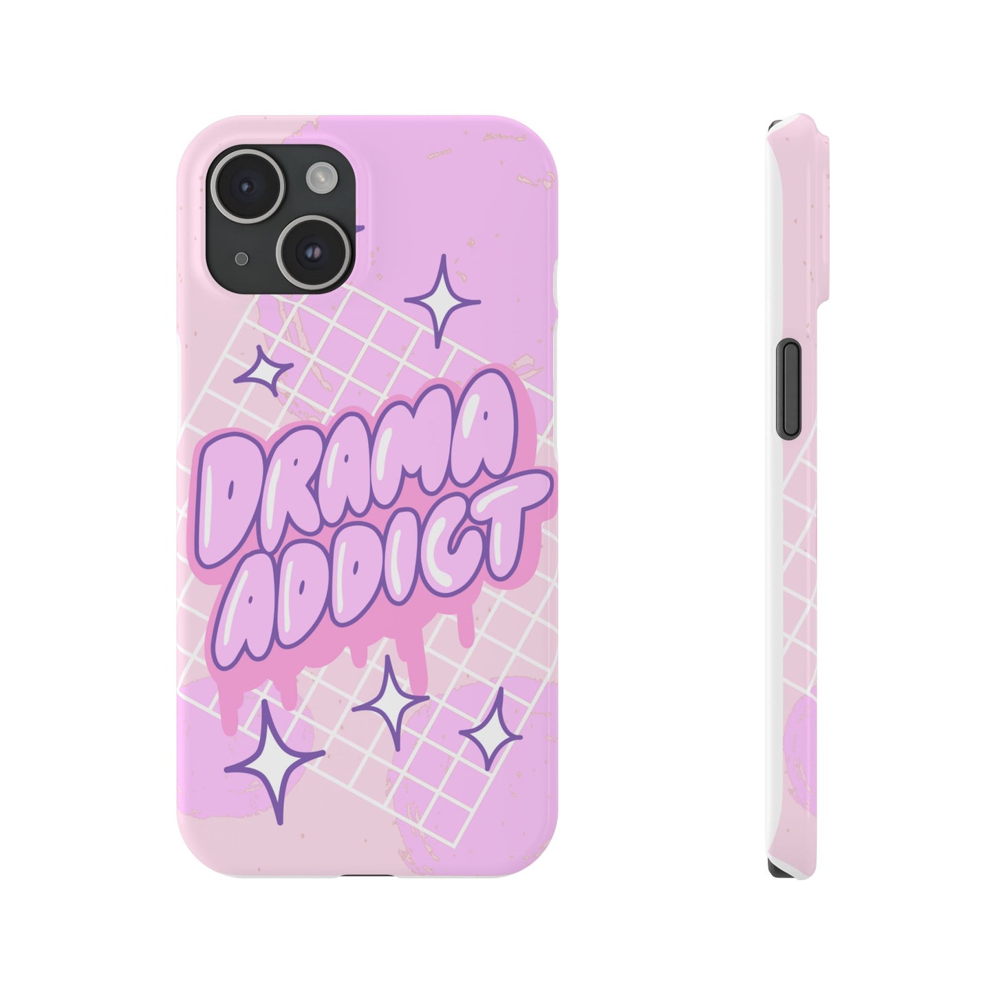 Pink iPhone Case with Modern "Drama addict" Design and Stars, Compatible with iPhone 16 Pro Max, 14, 13 and 15. Wireless charging support