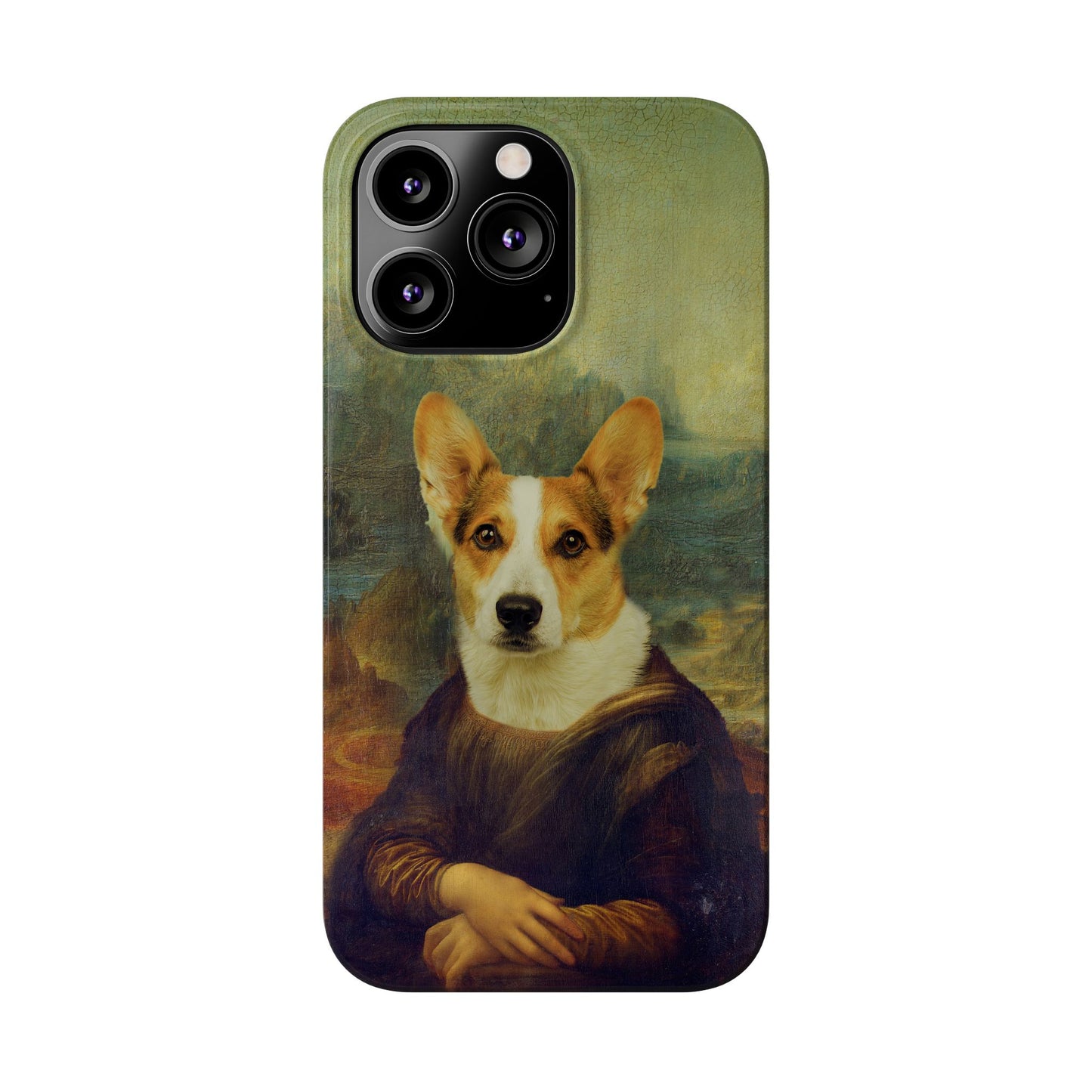 Puppy iPhone Case, Mona Lisa Parody, Wireless Charging - iPhone 16, 15, 14, 13 Pro/Max