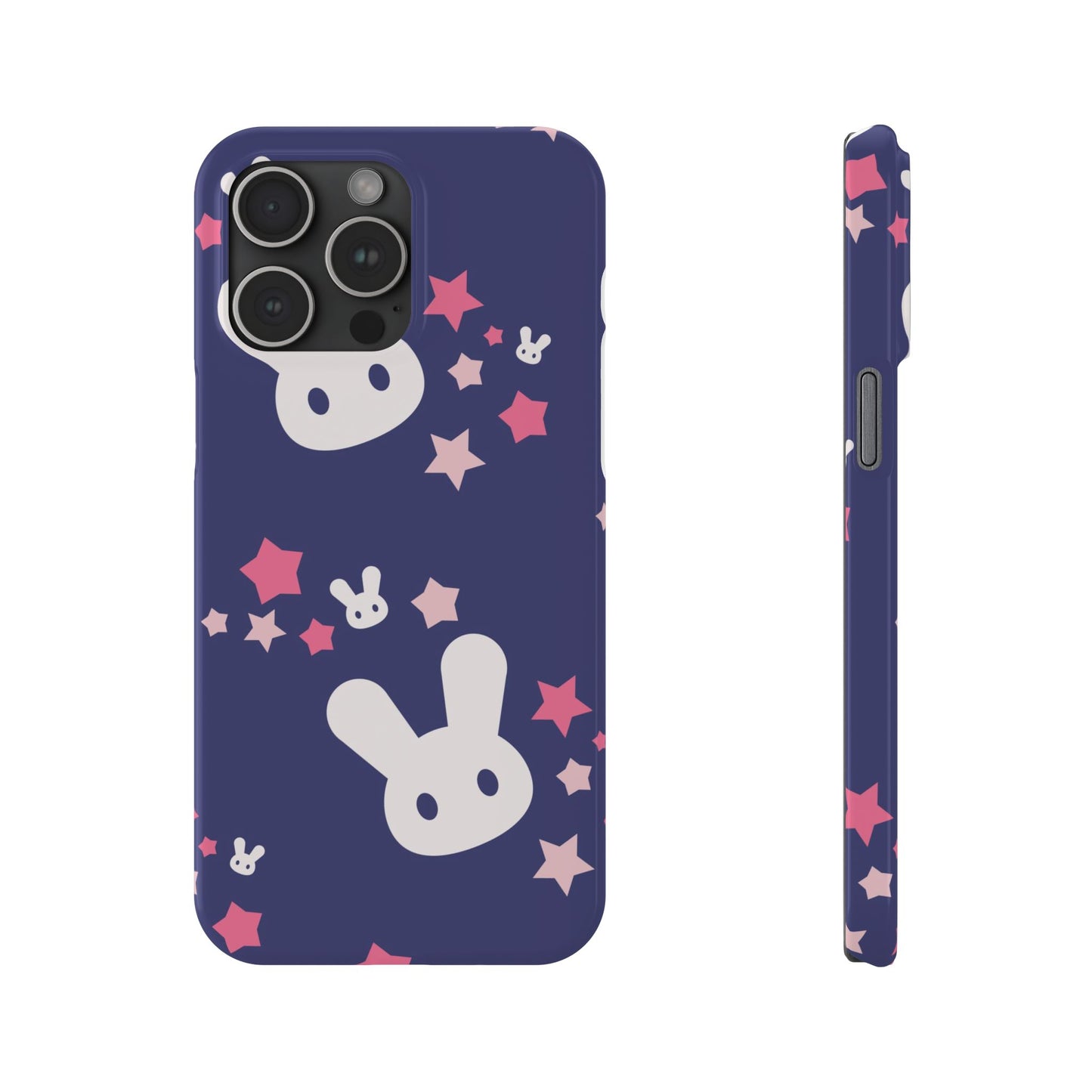 Blue iPhone case w. adorable bunnies with stars background