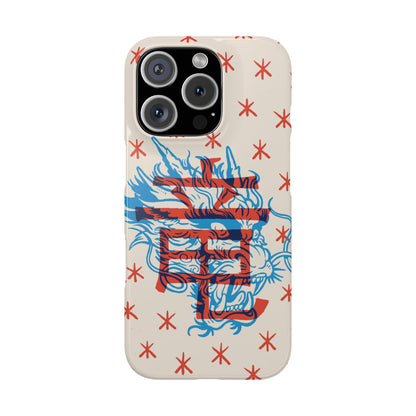 Geek iPhone case with dragon design and Asian art duotone style. Iphone 15 case, iphone 14 and iphone 13 pro and max