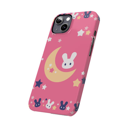 Pink iPhone case with adorable bunnies with moon - ideal for kids and bunny lovers. Iphone 15 case, iphone 14 and iphone 13 pro max mini