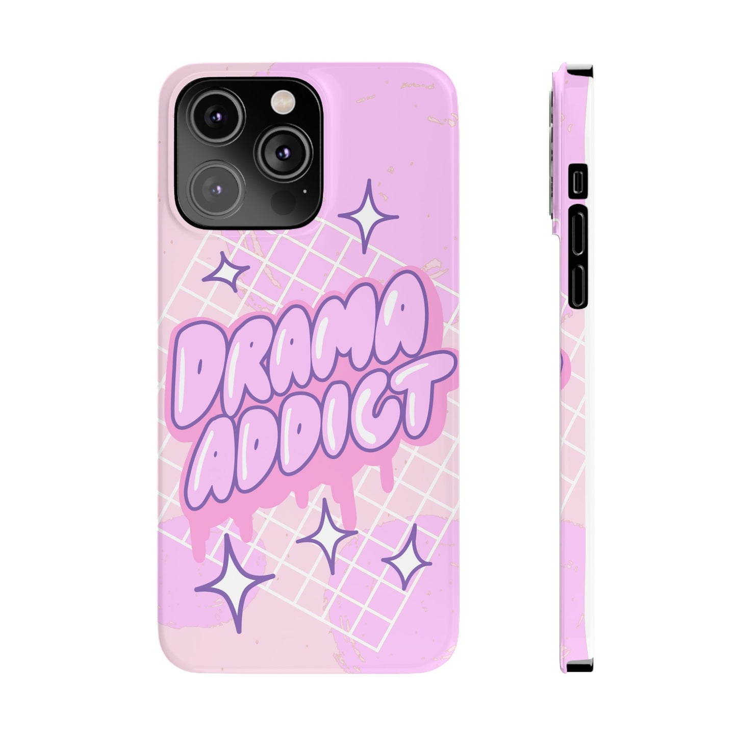 Pink iPhone Case with Modern "Drama addict" Design and Stars, Compatible with iPhone 16 Pro Max, 14, 13 and 15. Wireless charging support