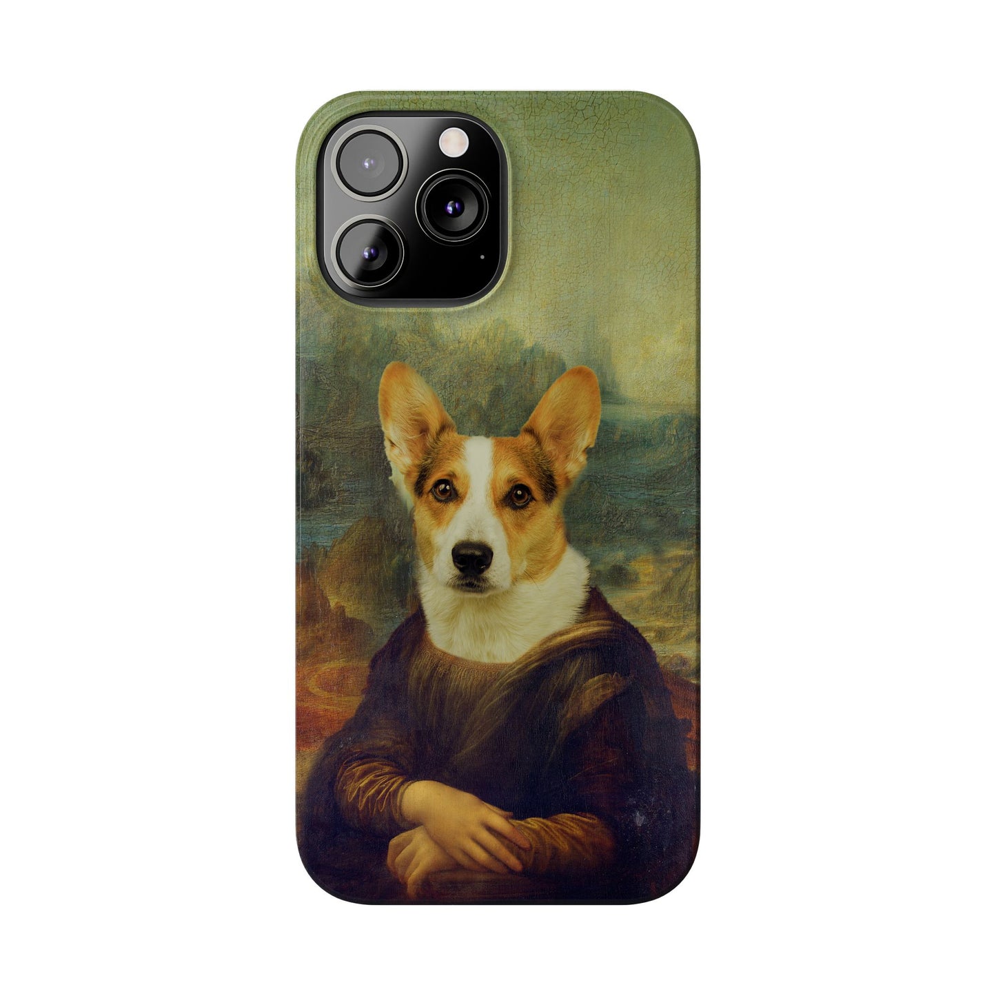 Puppy iPhone Case, Mona Lisa Parody, Wireless Charging - iPhone 16, 15, 14, 13 Pro/Max