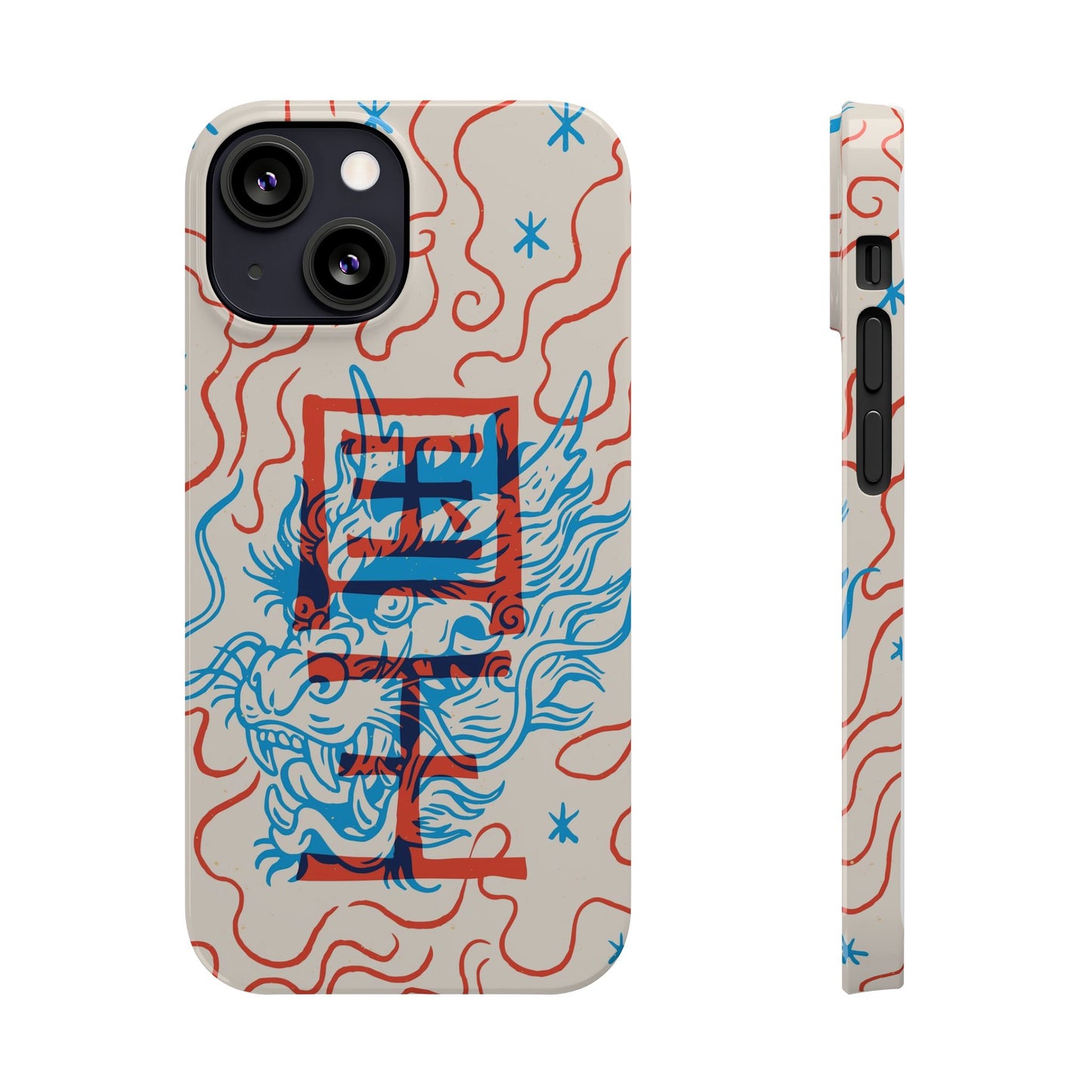 Geek case with dragon design and Asian art duotone style