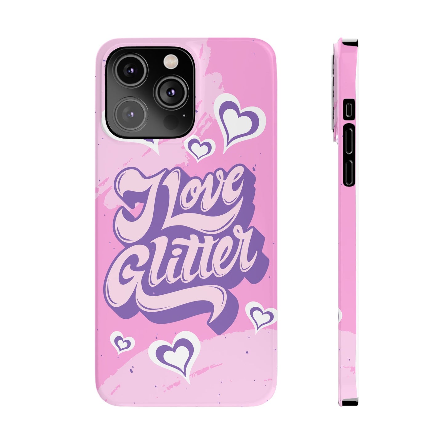 Pink iPhone 16 Case with Modern "i love glitter" Design and hearts | Compatible with iPhone 16 Pro/Max, iphone 14, and iphone 13