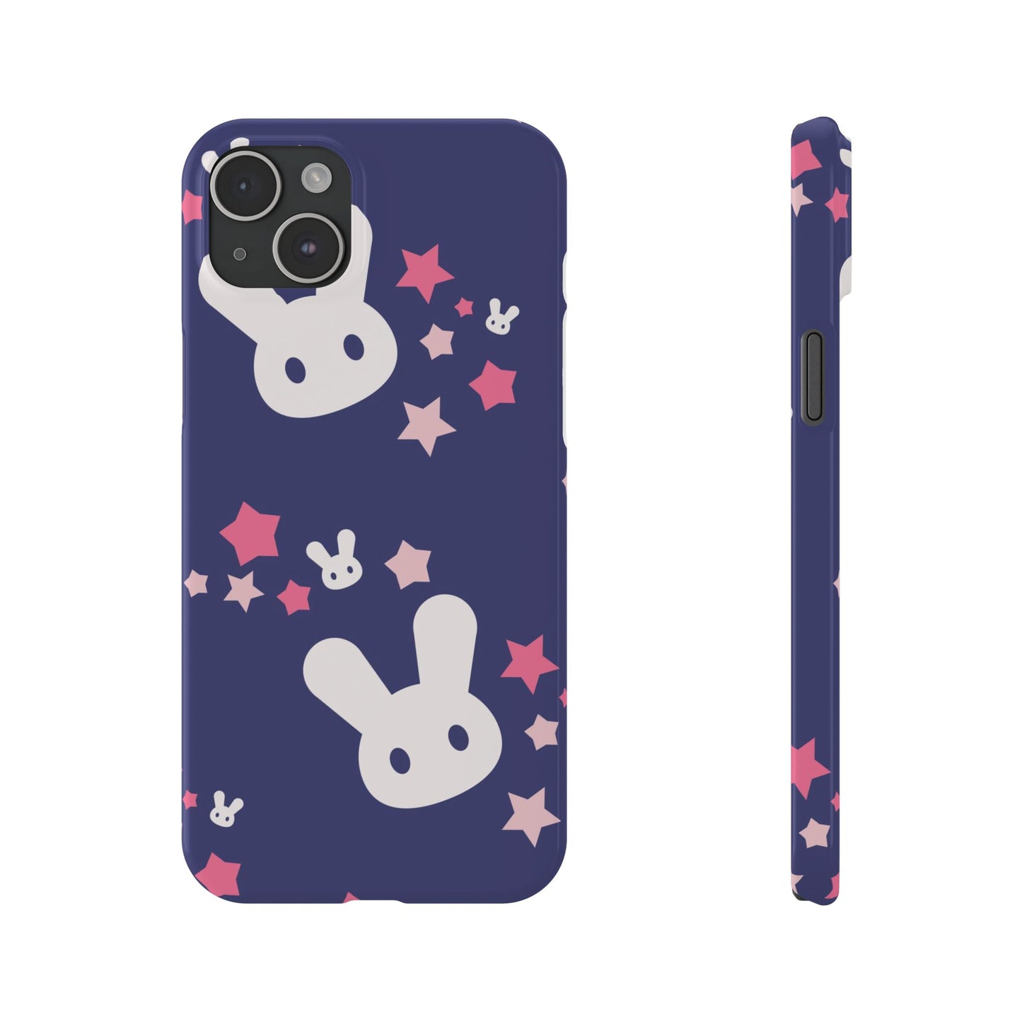 Blue iPhone case w. adorable bunnies with stars background