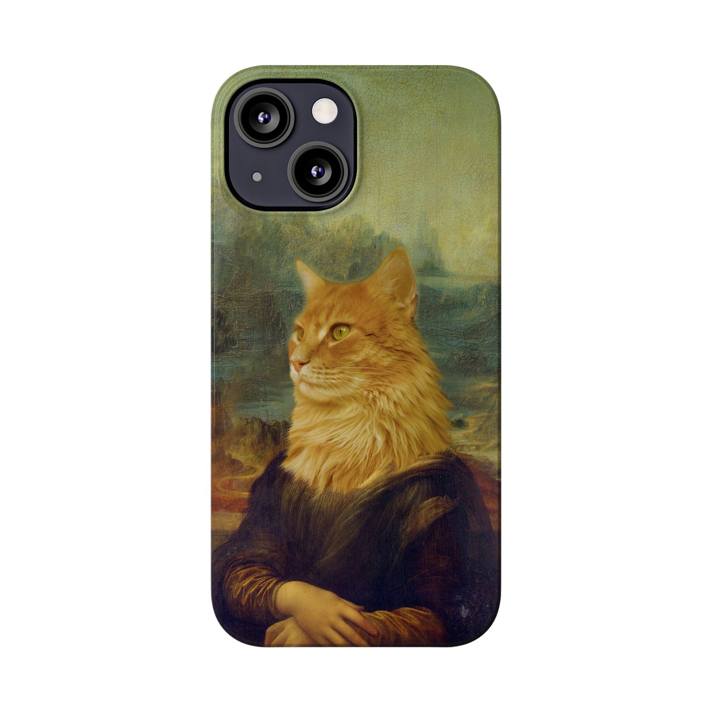 Kitty-Inspired iPhone Case, Mona Lisa Art, Wireless Charging Compatible - iPhone 16 15, 14, 13 Pro/Max