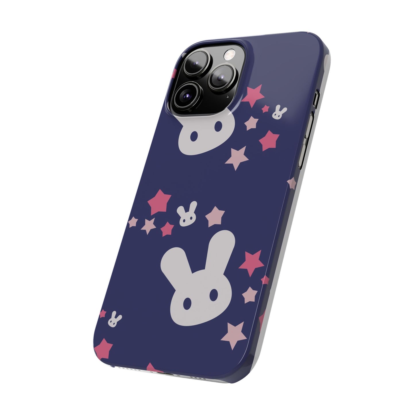 Blue iPhone case w. adorable bunnies with stars background : Ideal for Kids and Rabbit Lovers. Iphone 15, iphone 14 and iphone 13 pro max