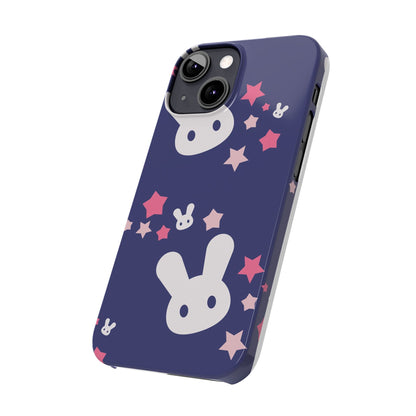 Blue iPhone case w. adorable bunnies with stars background : Ideal for Kids and Rabbit Lovers. Iphone 15, iphone 14 and iphone 13 pro max