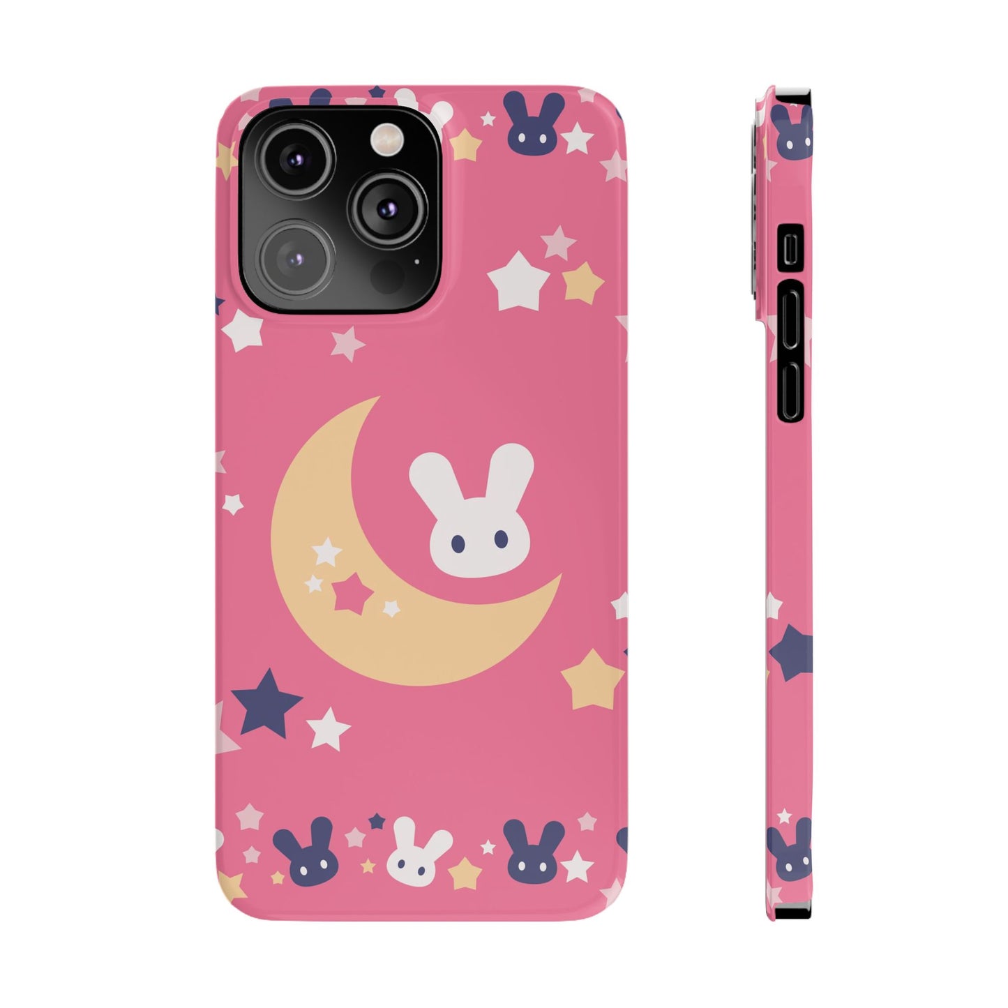 Pink iPhone case with adorable bunnies with moon - ideal for kids and bunny lovers. Iphone 15 case, iphone 14 and iphone 13 pro max mini