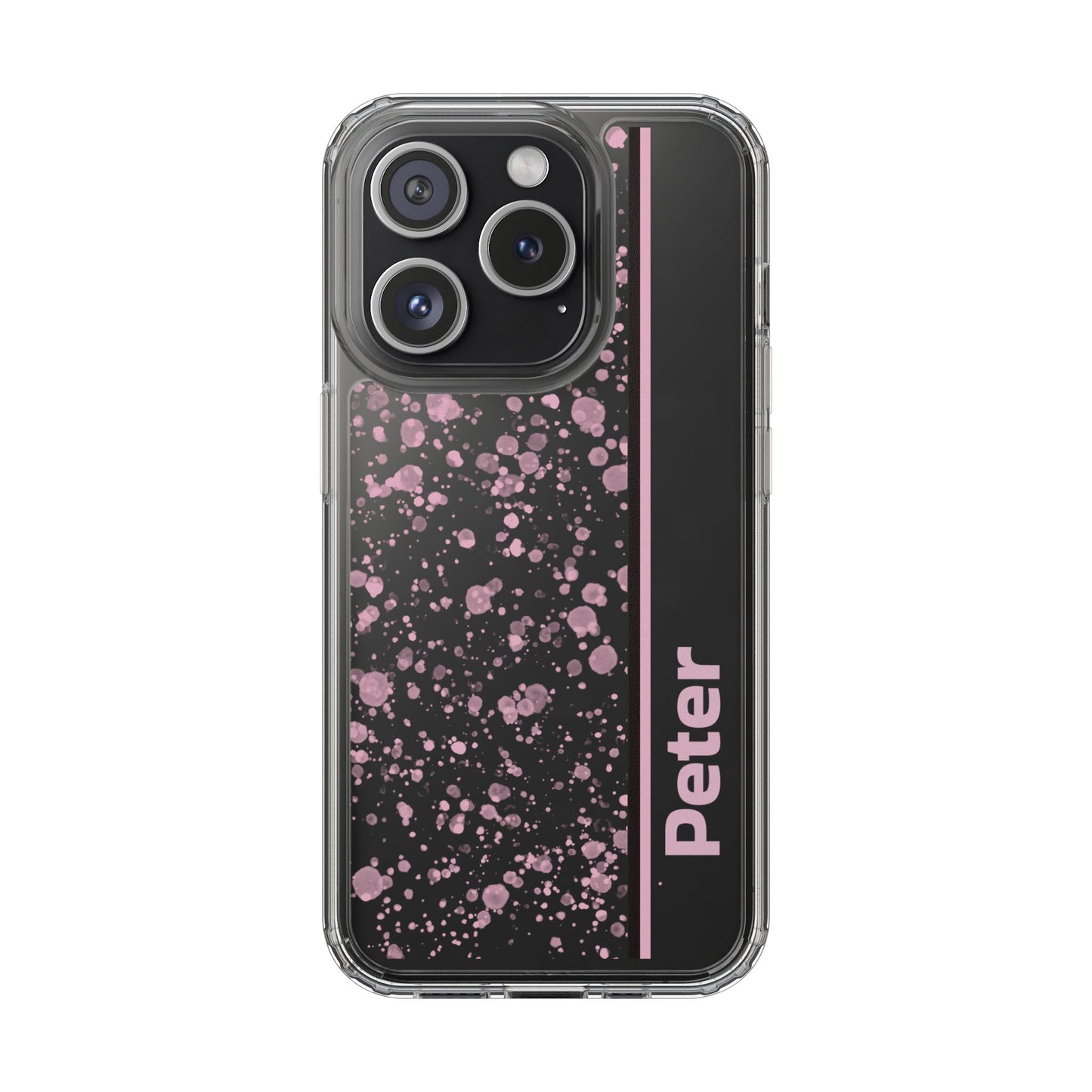 Personalized Clear Phone Case with Pink Splatter Design