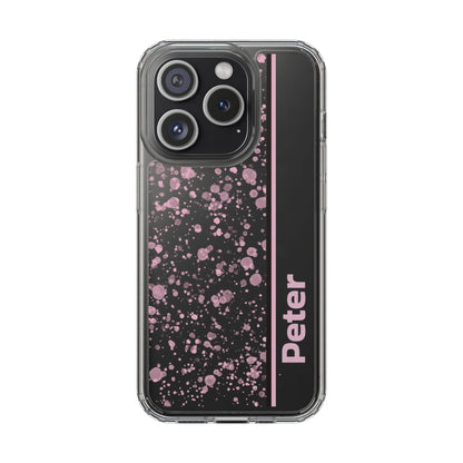 Personalized Clear Phone Case with Pink Splatter Design