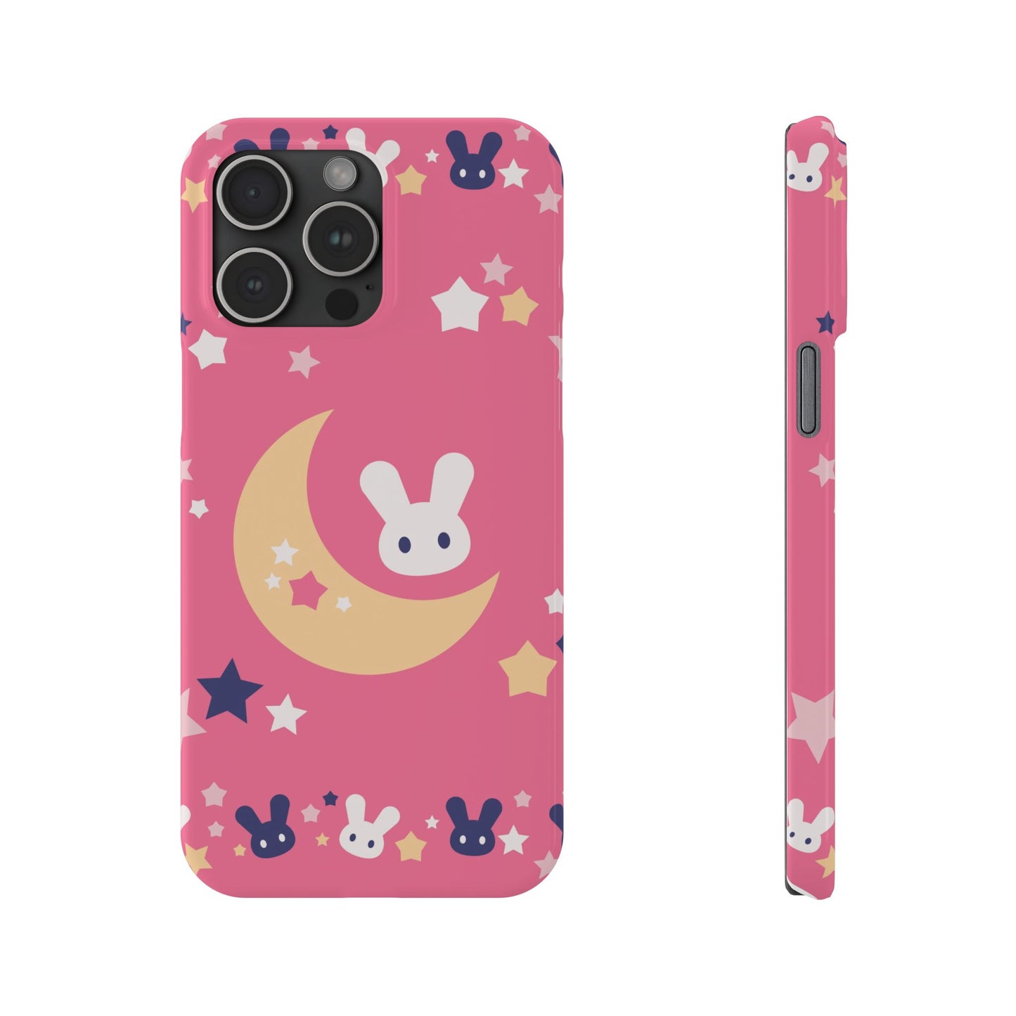 Pink iPhone case with adorable bunnies with moon - ideal for kids and bunny lovers. Iphone 15 case, iphone 14 and iphone 13 pro max mini