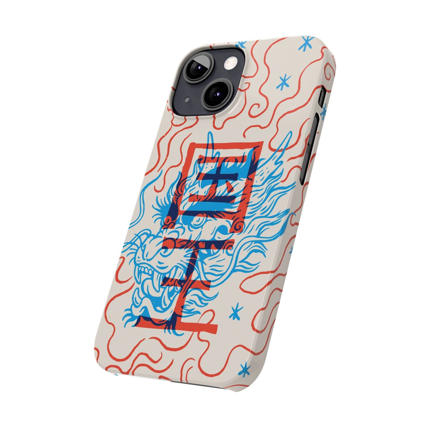 Geek iPhone case with dragon design and Asian art duotone style. Iphone 15 case, iphone 14 and iphone 13 pro and max