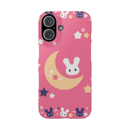 Pink iPhone case with adorable bunnies with moon - ideal for kids and bunny lovers. Iphone 15 case, iphone 14 and iphone 13 pro max mini