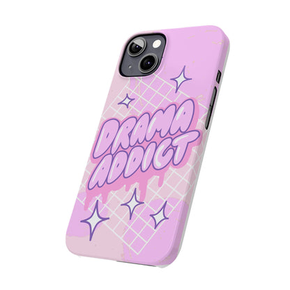 Pink iPhone Case with Modern "Drama addict" Design and Stars, Compatible with iPhone 16 Pro Max, 14, 13 and 15. Wireless charging support