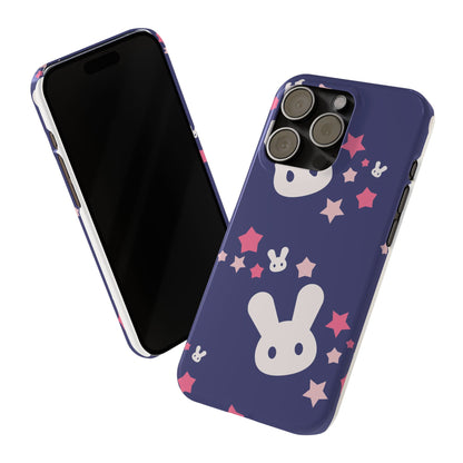 Blue iPhone case w. adorable bunnies with stars background : Ideal for Kids and Rabbit Lovers. Iphone 15, iphone 14 and iphone 13 pro max