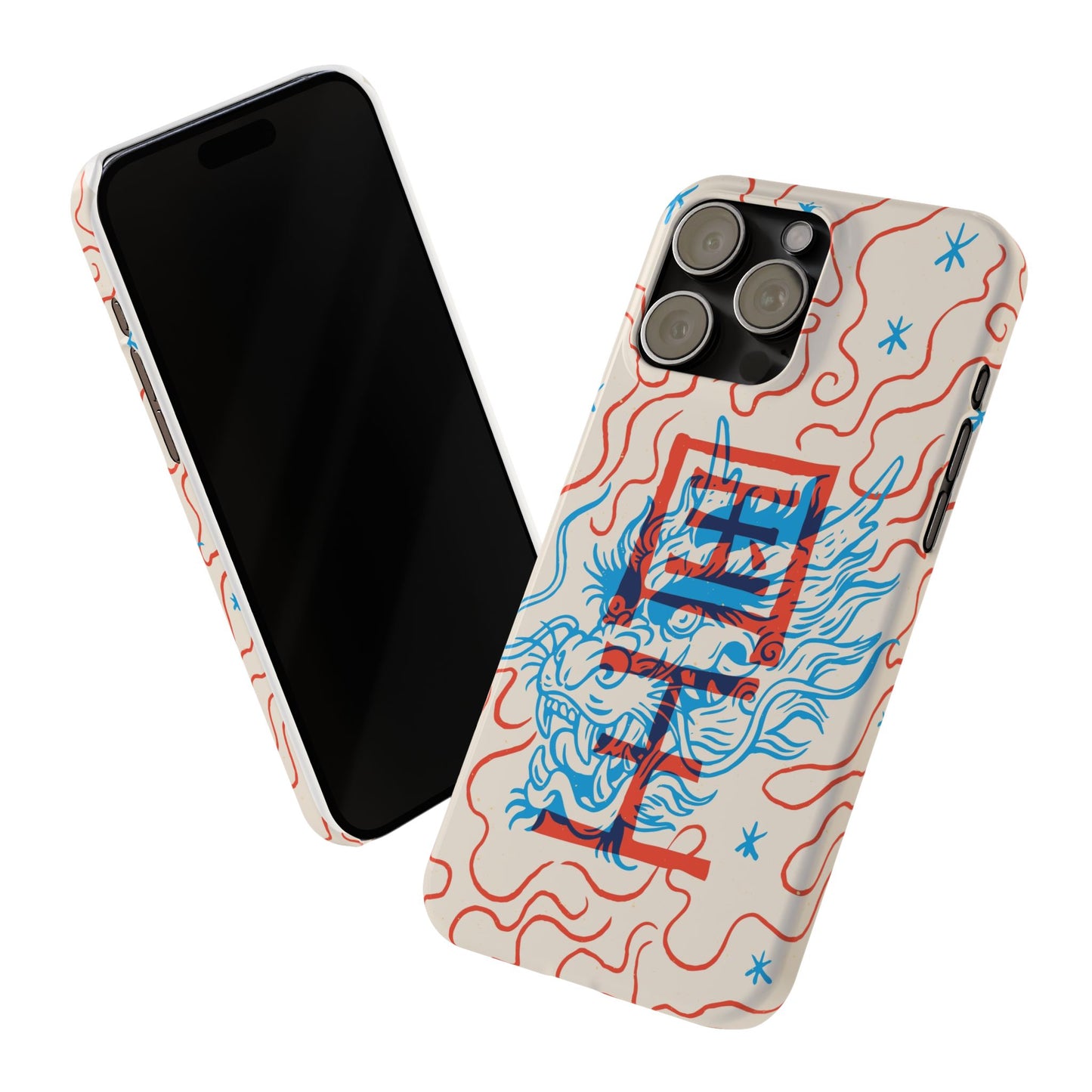Geek case with dragon design and Asian art duotone style