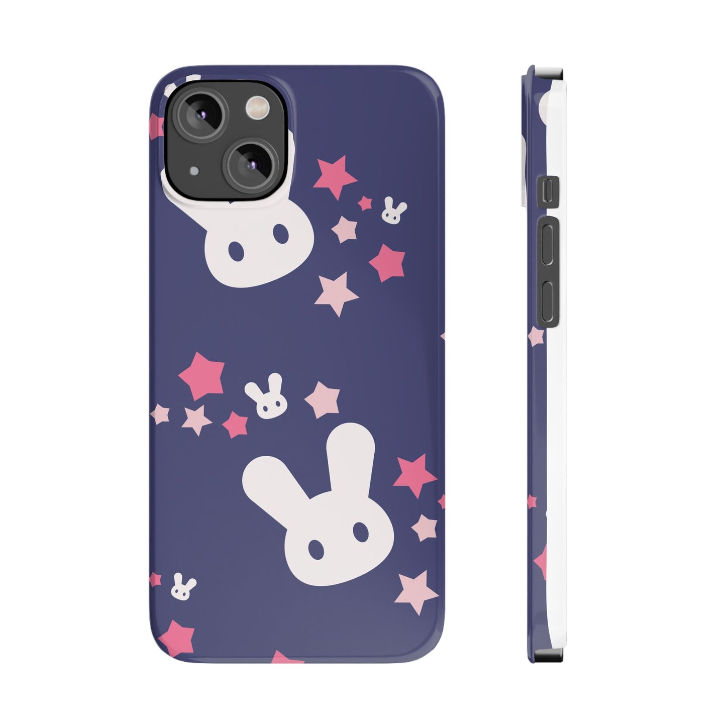 Blue iPhone case w. adorable bunnies with stars background