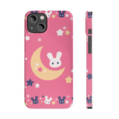 Pink iPhone case with adorable bunnies with moon - ideal for kids and bunny lovers. Iphone 15 case, iphone 14 and iphone 13 pro max mini