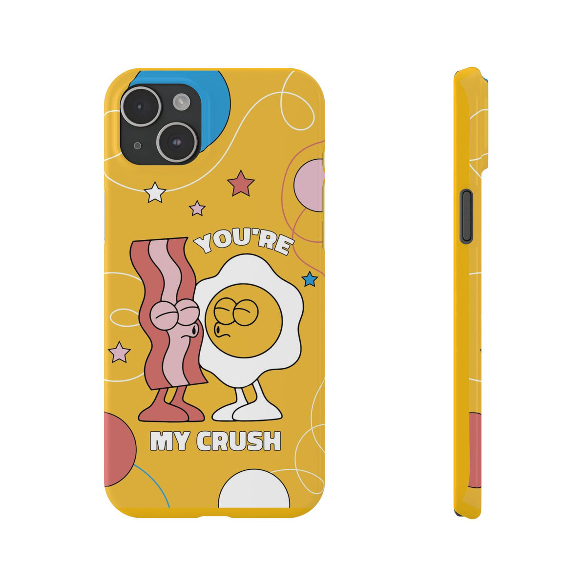 fried egg and bacon couple in retro cartoon style. - casetinger