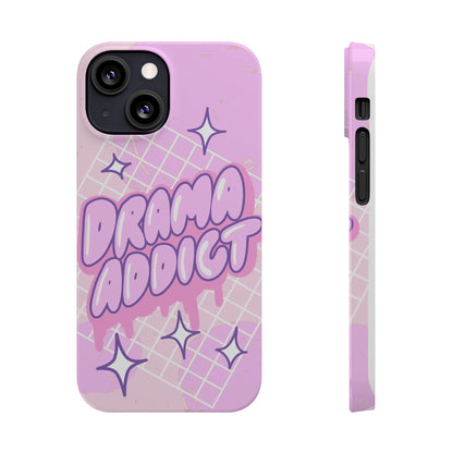 Pink iPhone Case with Modern "Drama addict" Design and Stars, Compatible with iPhone 16 Pro Max, 14, 13 and 15. Wireless charging support