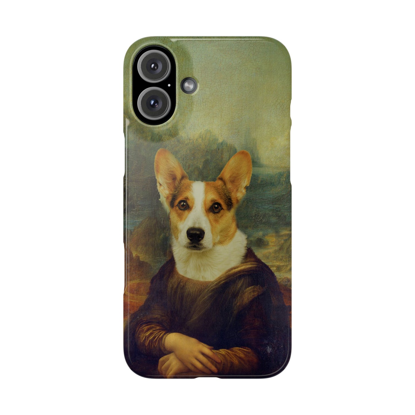 Puppy iPhone Case, Mona Lisa Parody, Wireless Charging - iPhone 16, 15, 14, 13 Pro/Max