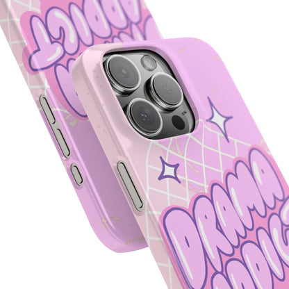 Pink iPhone Case with Modern "Drama addict" Design and Stars, Compatible with iPhone 16 Pro Max, 14, 13 and 15. Wireless charging support