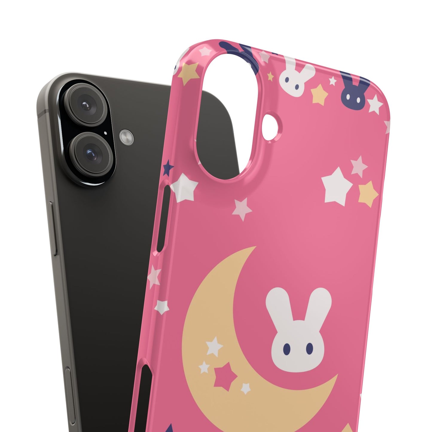 Pink iPhone case with adorable bunnies with moon - ideal for kids and bunny lovers. Iphone 15 case, iphone 14 and iphone 13 pro max mini