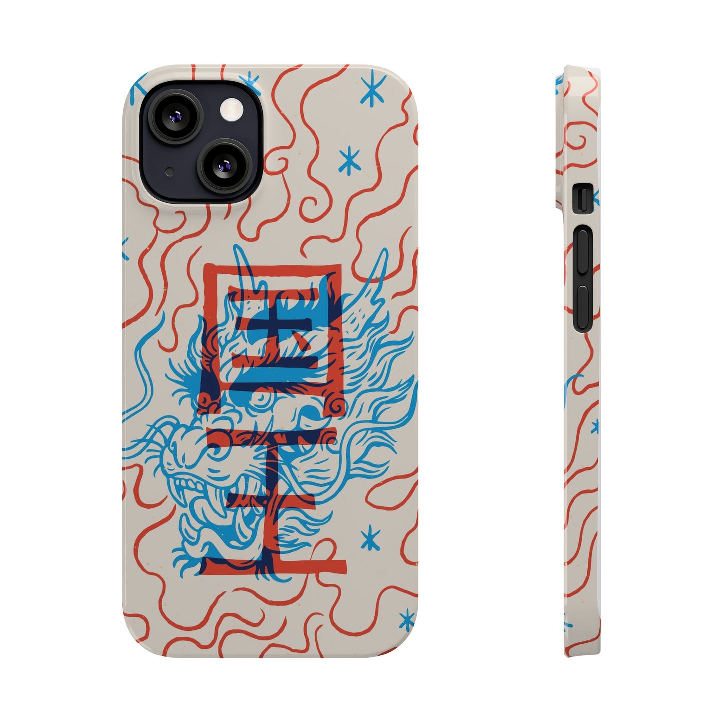 Geek iPhone case with dragon design and Asian art duotone style. Iphone 15 case, iphone 14 and iphone 13 pro and max