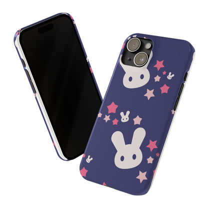 Blue iPhone case w. adorable bunnies with stars background : Ideal for Kids and Rabbit Lovers. Iphone 15, iphone 14 and iphone 13 pro max