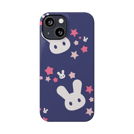 Blue iPhone case w. adorable bunnies with stars background