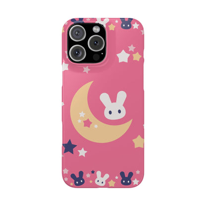 Pink iPhone case with adorable bunnies with moon - ideal for kids and bunny lovers. Iphone 15 case, iphone 14 and iphone 13 pro max mini