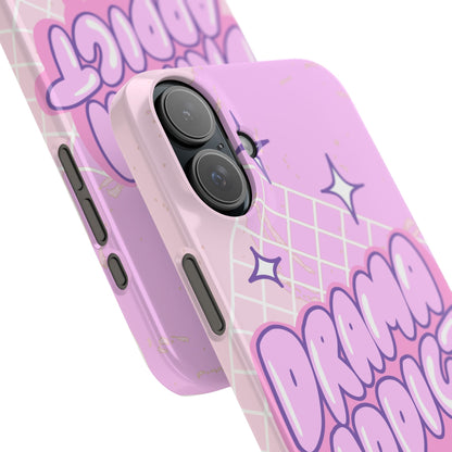 Pink iPhone Case with Modern "Drama addict" Design and Stars, Compatible with iPhone 16 Pro Max, 14, 13 and 15. Wireless charging support