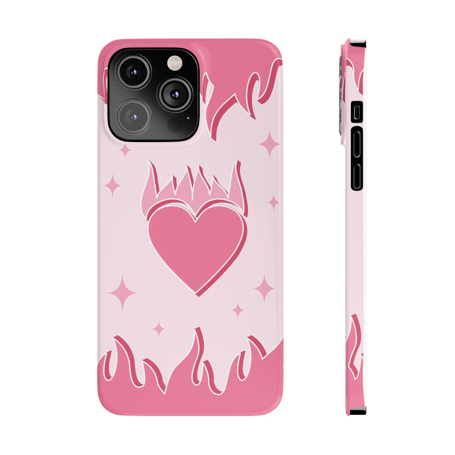 Pink iPhone 15 Case with Heart on Fire - Modern and Feminine Design - For iphone 13, iphone 14 and iphone 15 pro and max