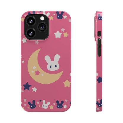 Pink iPhone case with adorable bunnies with moon - ideal for kids and bunny lovers. Iphone 15 case, iphone 14 and iphone 13 pro max mini