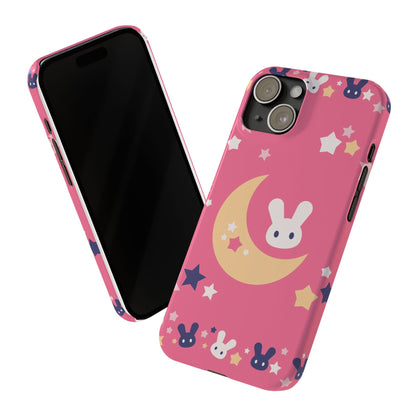 Pink iPhone case with adorable bunnies with moon - ideal for kids and bunny lovers. Iphone 15 case, iphone 14 and iphone 13 pro max mini