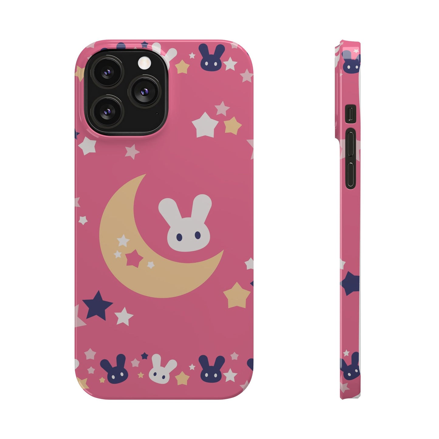 Pink iPhone case with adorable bunnies with moon - ideal for kids and bunny lovers. Iphone 15 case, iphone 14 and iphone 13 pro max mini