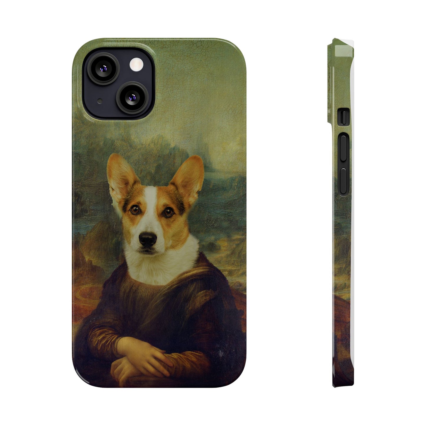 Puppy iPhone Case, Mona Lisa Parody, Wireless Charging - iPhone 16, 15, 14, 13 Pro/Max