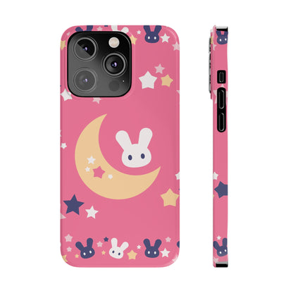 Pink iPhone case with adorable bunnies with moon - ideal for kids and bunny lovers. Iphone 15 case, iphone 14 and iphone 13 pro max mini