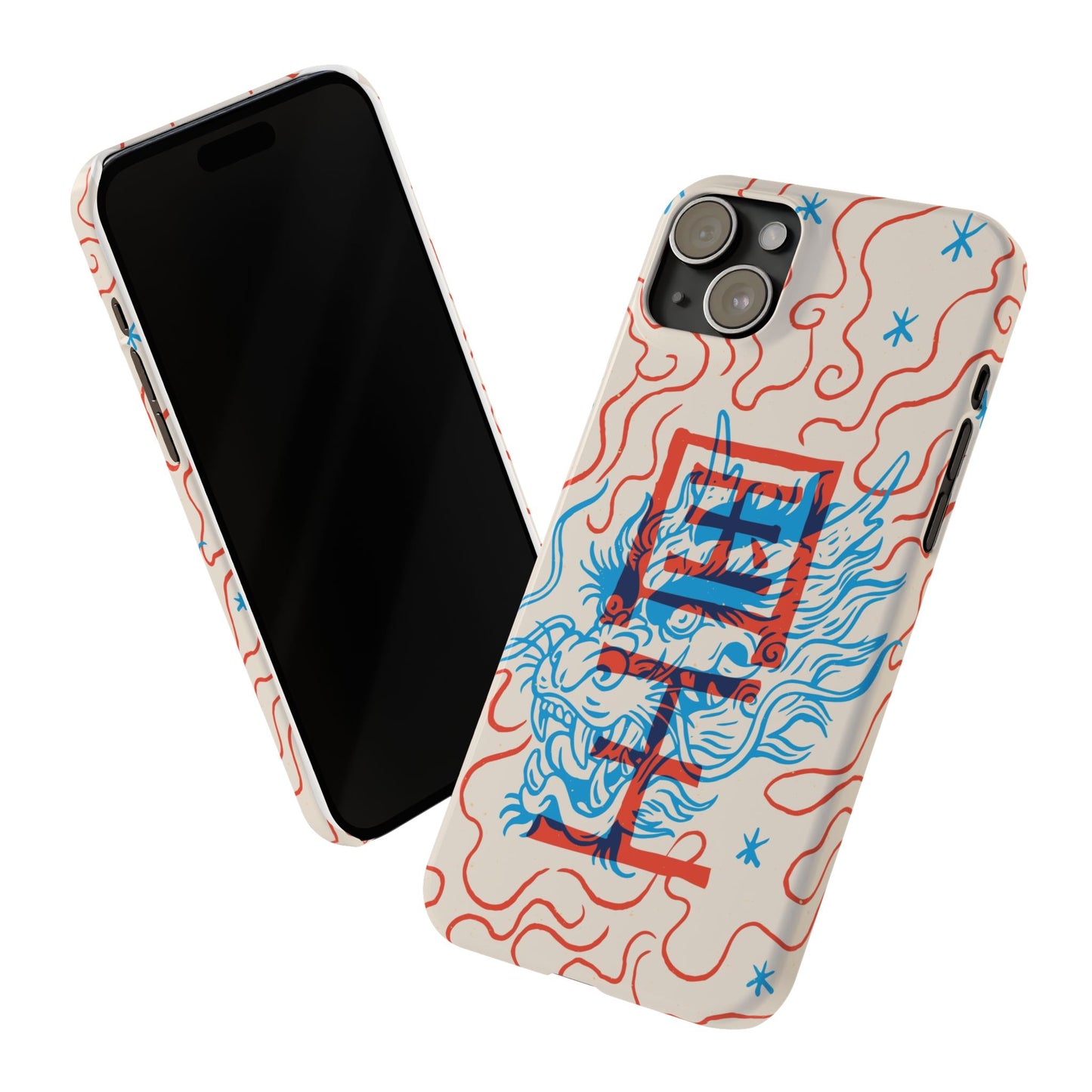 Geek case with dragon design and Asian art duotone style