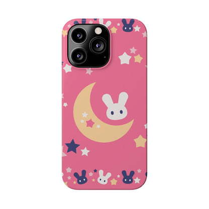 Pink iPhone case with adorable bunnies with moon - ideal for kids and bunny lovers. Iphone 15 case, iphone 14 and iphone 13 pro max mini