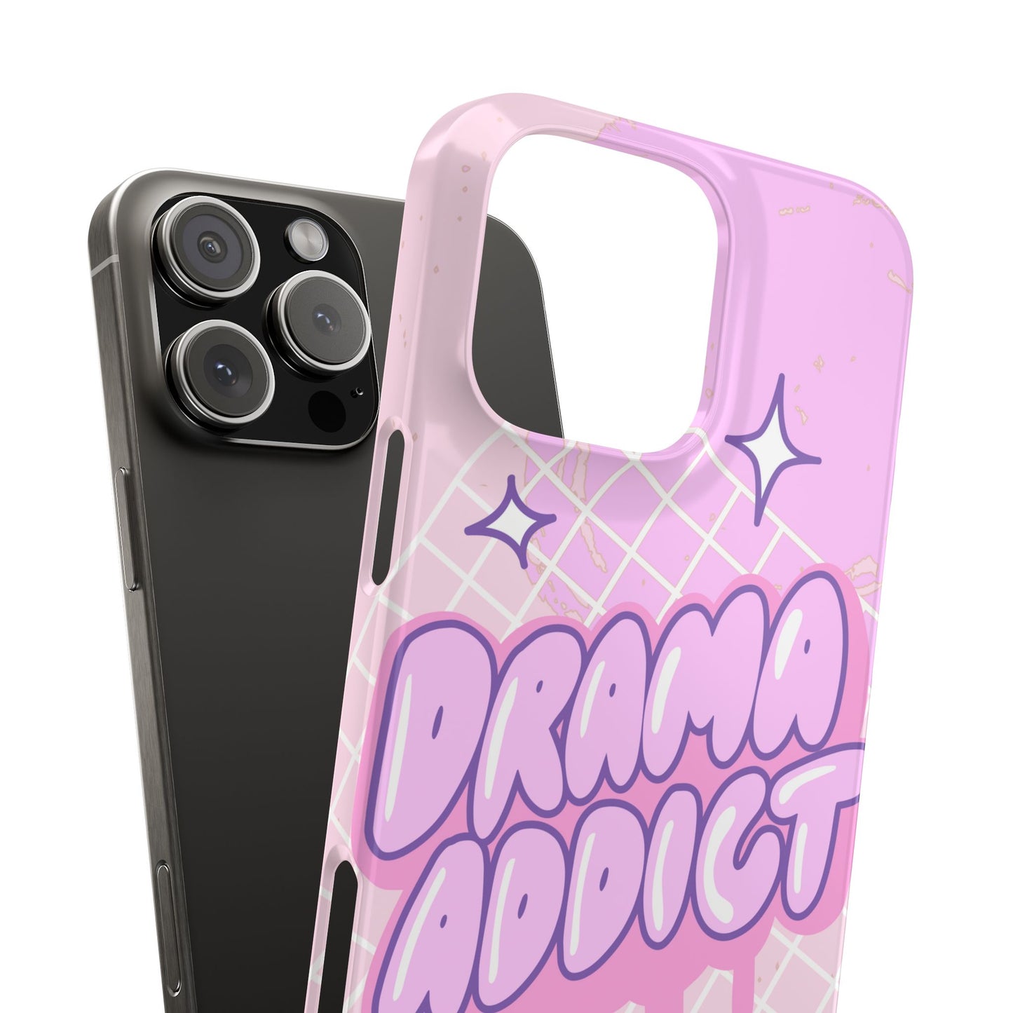 Pink iPhone Case with Modern "Drama addict" Design and Stars, Compatible with iPhone 16 Pro Max, 14, 13 and 15. Wireless charging support