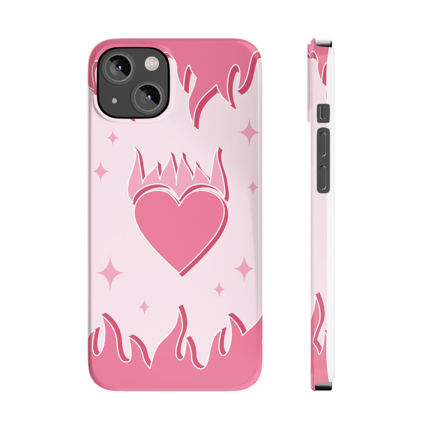 Pink iPhone 15 Case with Heart on Fire - Modern and Feminine Design - For iphone 13, iphone 14 and iphone 15 pro and max