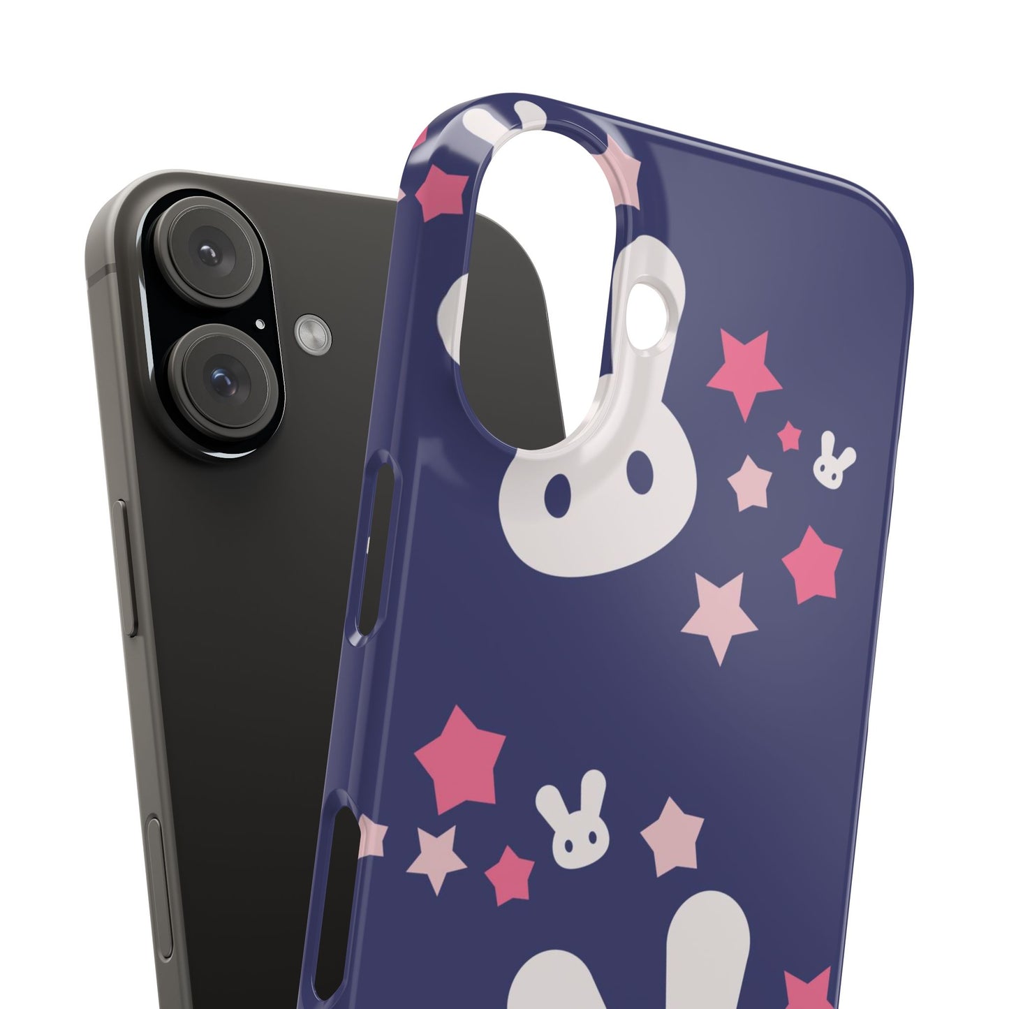 Blue iPhone case w. adorable bunnies with stars background : Ideal for Kids and Rabbit Lovers. Iphone 15, iphone 14 and iphone 13 pro max